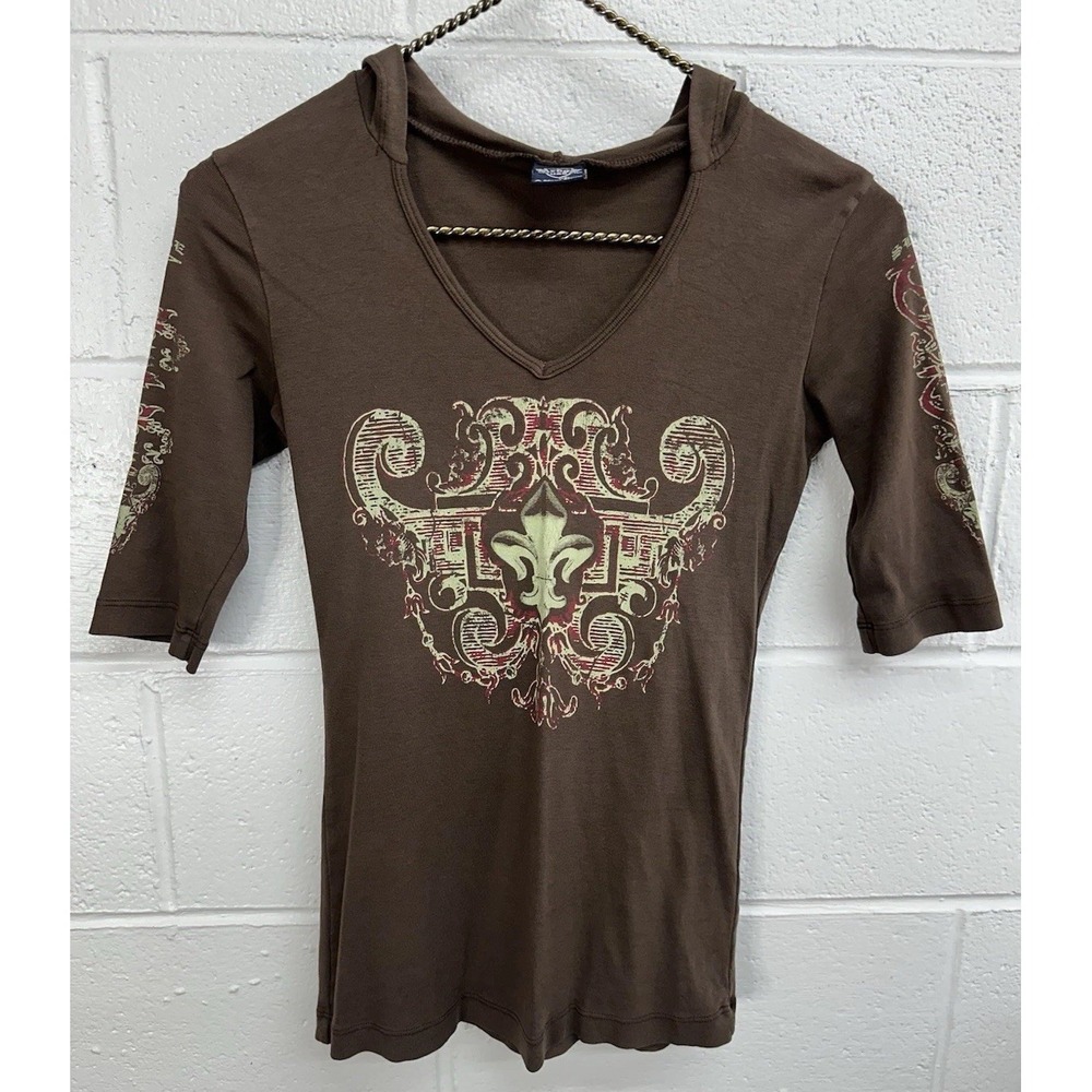 Sledge USA Tribal Graphic Print T-Shirt‎ Brown 2000s Y2K Hoody Goth / Medium
